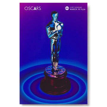 An exclusive 96th Oscars film poster featuring a stylized image of an Oscar statuette on a purple background.
